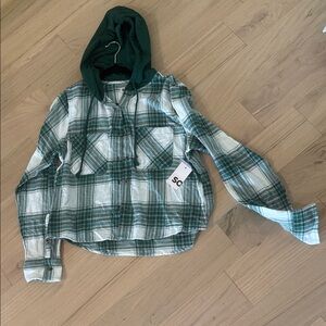 SO Green and White Plaid Hooded Shirt